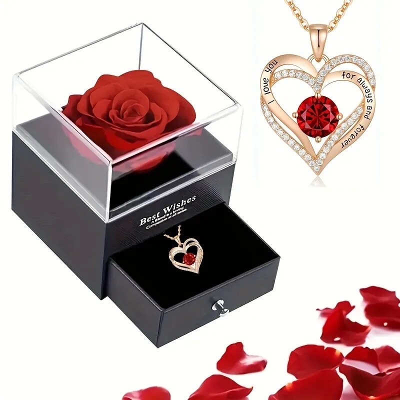 Collier cœur cristal rouge en coffret avec rose éternelle naturelle stabilisée
