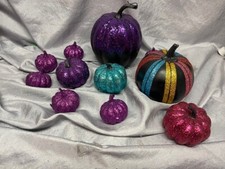 NEW HALLOWEEN, FALL GLITTER PUMPKINS, PURPLE, TURQUOISE - SET OF 11 - NEW