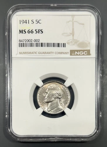 1941-S NGC MS66FS Jefferson Nickel 5c - Better Full Steps Date