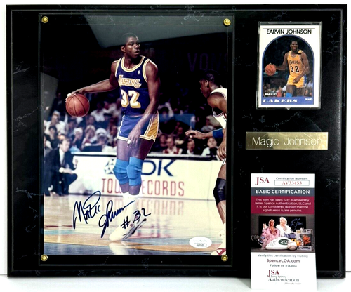 Magic Johnson Lakers Autographed Photo + 1989 NBA Hoops Card, JSA COA Framed 15"