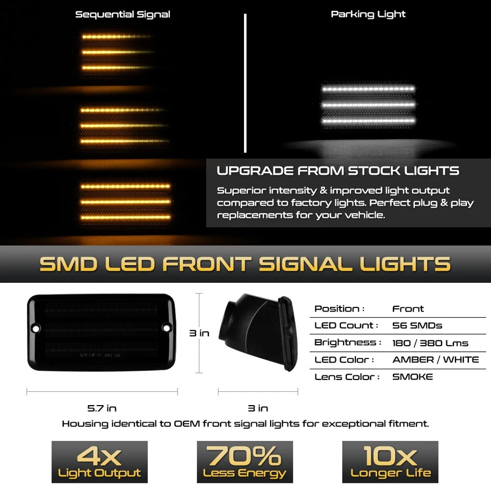 Switchback+Sequential 4PC Smoke LED Corner Side Maker Light For 97-06 Wrangler - Изображение 2 из 4