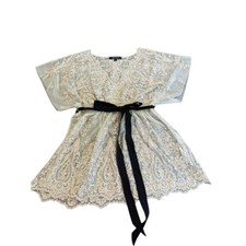 Karen Kane Womens Floral Lace V-Neck Tunic Blouse Gold Beige Ribbon M FairyCore