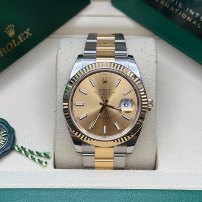 Rolex Datejust 41 Champagne Index Dial Two Tone Yellow Gold Fluted Bezel Oyster