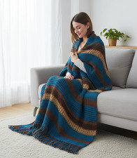 NEW Afghan Throw Blanket Brown Tan Teal Blue Handmade Hand Knit Home Decor