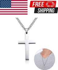 Men's Cross Pendant Necklace Silver Chain Stainless Steel Figaro Necklace