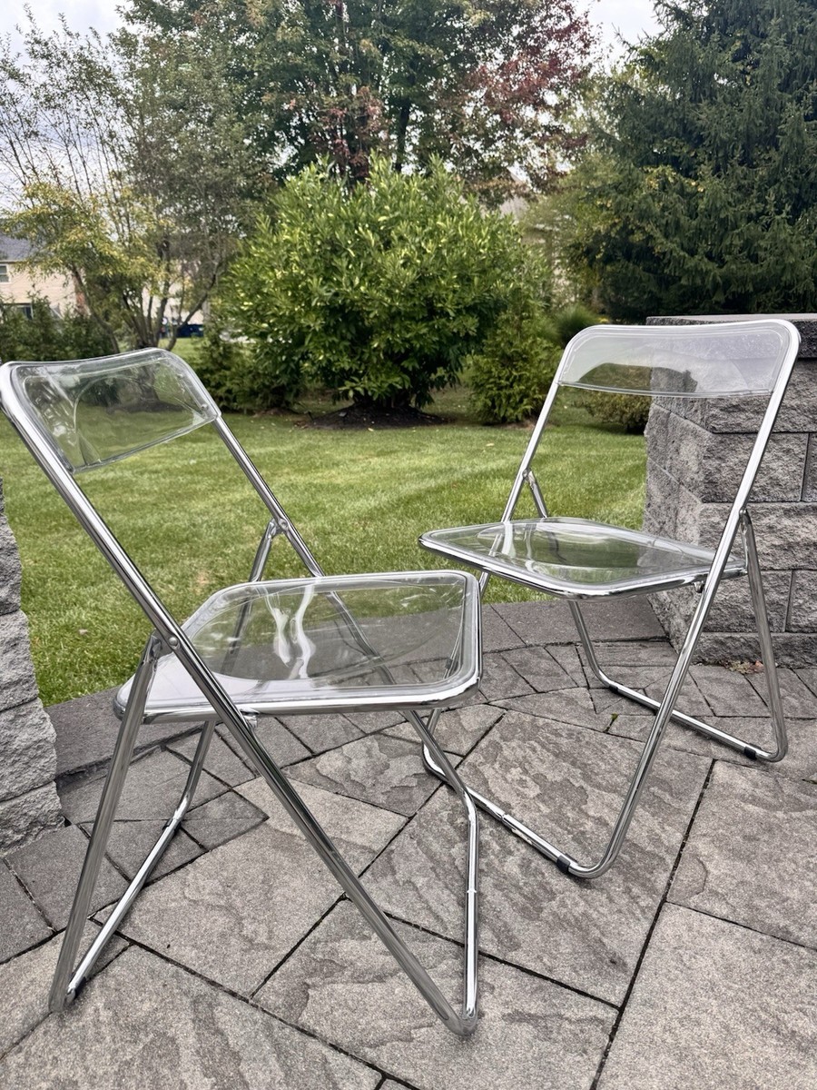 1970s Italian MCM Clear Acrylic Lucite Chrome Folding Chairs~Set