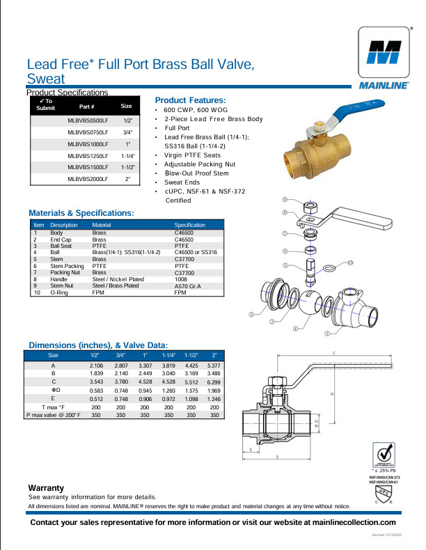 11/2" SWEAT BRASS TWO PIECE FULL PORT BALL VALVE LEAD FREE MLBVBS1500LF