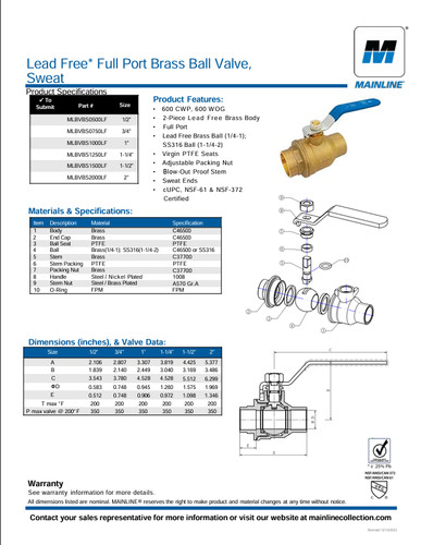 11/2" SWEAT BRASS TWO PIECE FULL PORT BALL VALVE LEAD FREE MLBVBS1500LF
