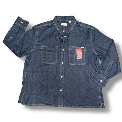 Levi Strauss Utility Shirt Jacket Mens XL Blue Denim Snap Closure Side Pockets