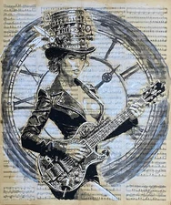 Alice in Wonderland Steampunk Rock Art on Book Pages, Large Acrylic Wall Art