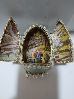 Vintage Diorama Easter Egg Man Fishing W/Child Dog Hinged Door Beaded  Goose Egg