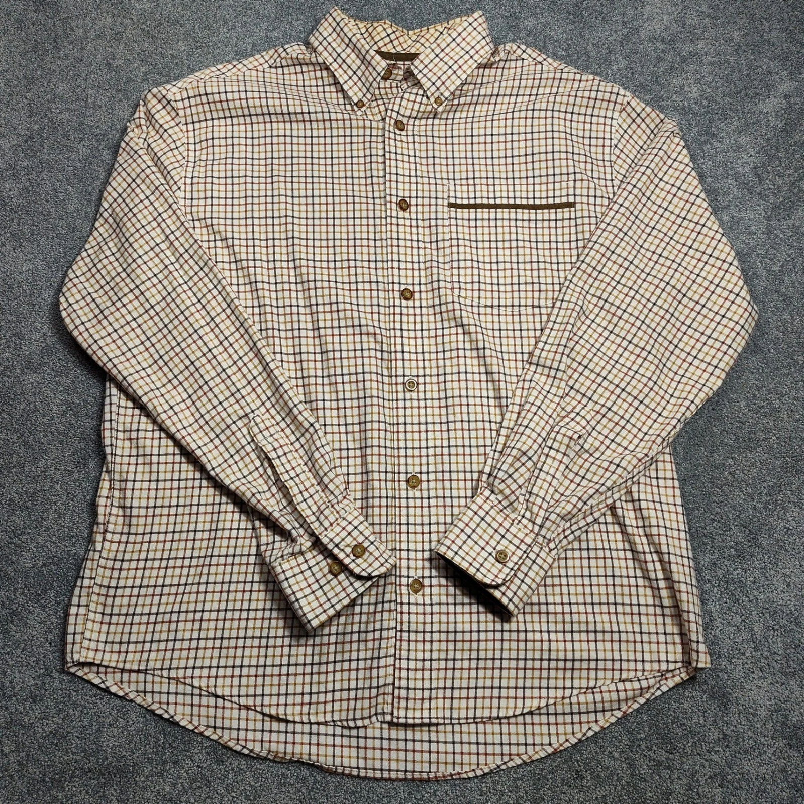 Cabelas Mens Long Sleeve Plaid Button Up Shirt Brown Tan Pocket Casual L