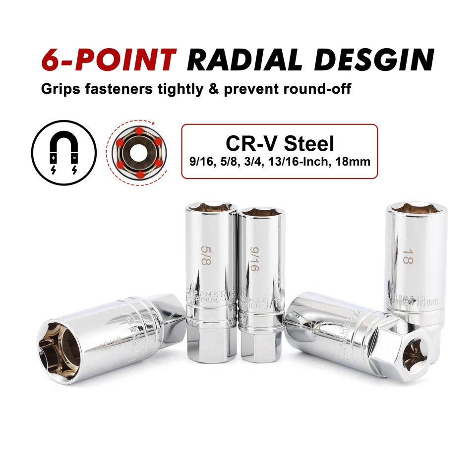 10PCS 3/8"Drive Magnetic Spark Plug Socket Set 6PT&12PT Extension Bar CR-V Steel - Image 4 of 4