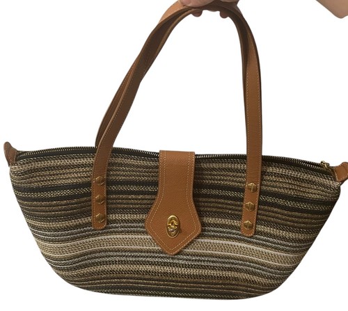 Eric Javits Schultertasche gestreift geflochten Metallicfaden braun Lederbesatz