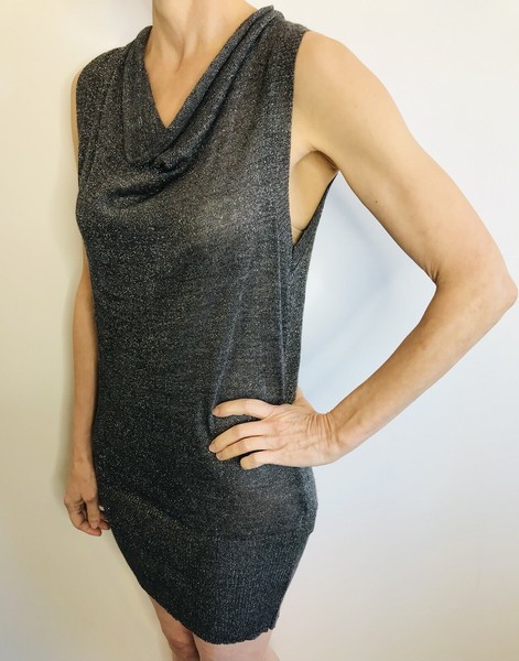 Oltre Size L (12-14) Silver Knit Dress Cowl Neck Mini Made In Italy Designer