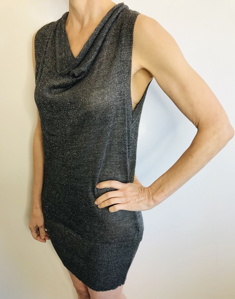 Oltre Size L (12-14) Silver Knit Dress Cowl Neck Mini Made In Italy Designer