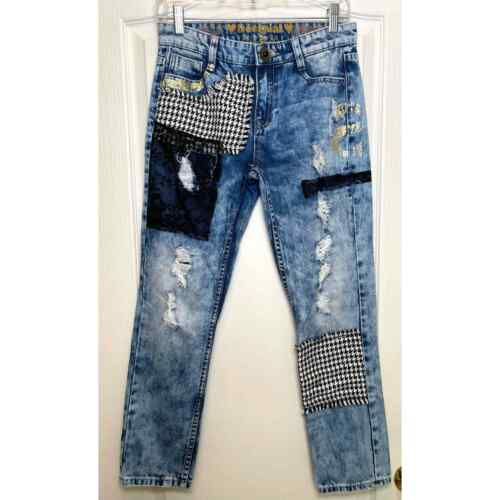 Desigual Acid Wash Ankle Jeans Sz 2 Patch Pakaian Jadi Wanita Houndstooth Denim - Afbeelding 1 van 11