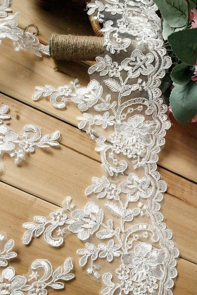 Floral Alencon Corded Lace Embroidered Trim Boho Wedding Dress Bridal Veil