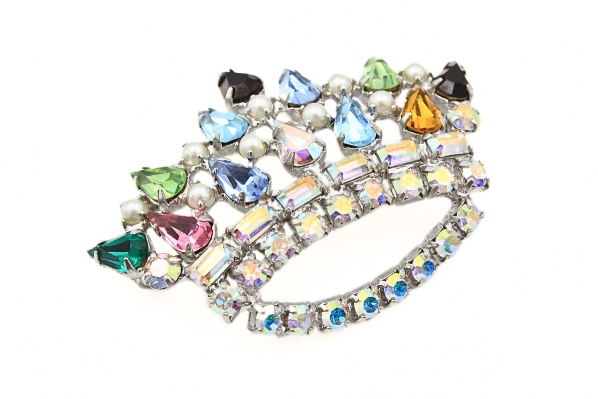 Adorable Signed B David Multi-Color Rhinestone AB Crystal Crown Brooch View 5