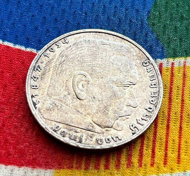 1936 F 5 Mark German WW2 Silver Coin Third Reich Reichsmark Toned