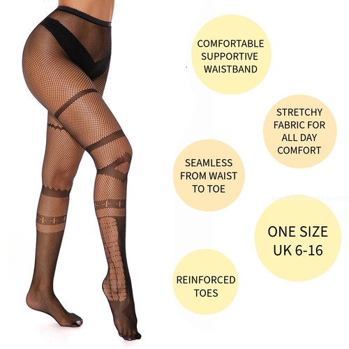 Womens Black Barbed Wire Fishnet Patterned Tights Gothic Lace Goth UK 6-16 - Picture 6 of 9