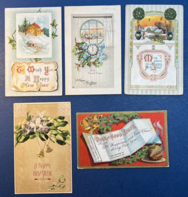 5 Nice Classic New Year Antique Postcards, EMB, Gold. Scenes, Bells, Clock, Food