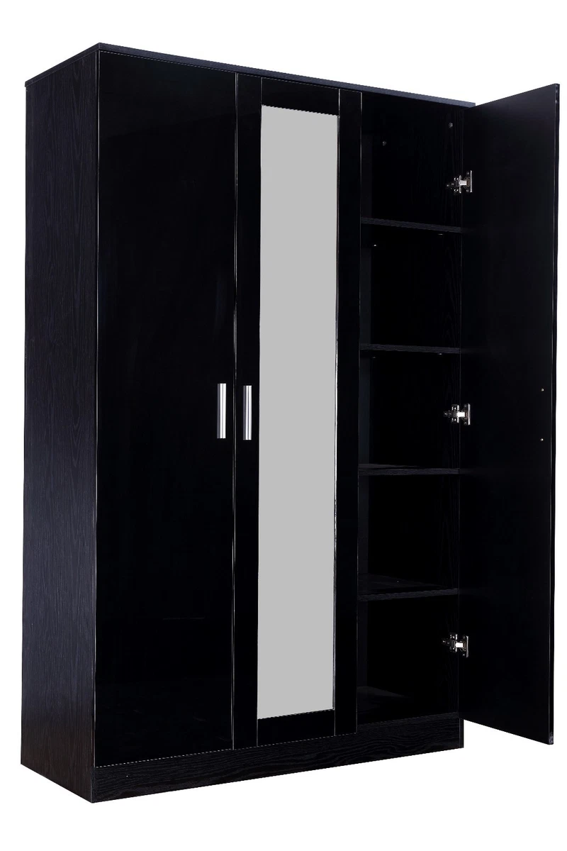 New REFLECT High Gloss 3 Door Mirrored Wardrobe Bedroom Black