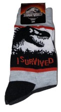 Jurassic World Park Crew Socks 2 Pair Men 6.5-12 Gray Black Red T Rex Dinosaur