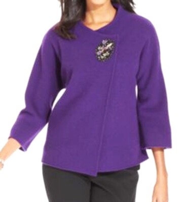JM Collection Wool Jeweled Beaded Brooch Embellished 3/4 Sleeve Cardigan Size PM