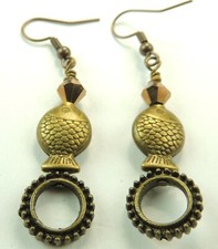 Bronze Boho Dangle Drop Crystal Earrings with Fishes Handmade Jewelry