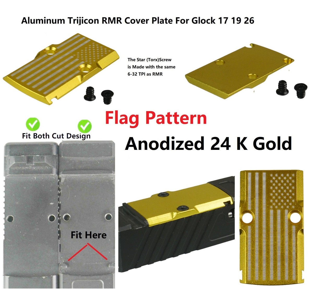 Laser Engraved Flag Gold Trijicon RMR Cover Plate F Glock 17 19 26