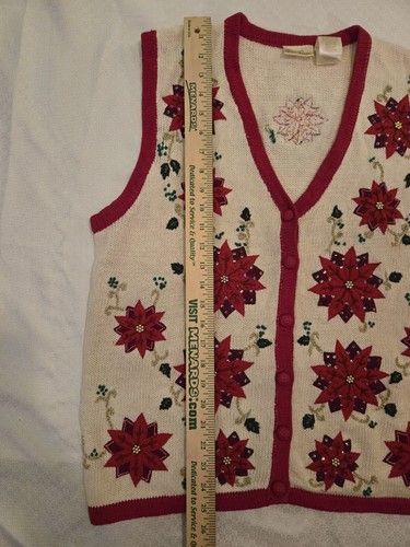 Vintage BOBBIE BROOKS 14W/16W Christmas Sweater Vest Poinsettia Holiday Beaded - Picture 4 of 11