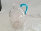 Blenko Jug Pitcher #417 Crackled Clear Blown Glass Light Blue Handle 7.5" Tall