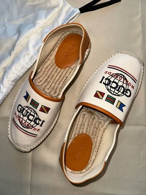 Men s Gucci Alejandro Worldwide Canvas Espadrilles Cream Cognac Size 8 US