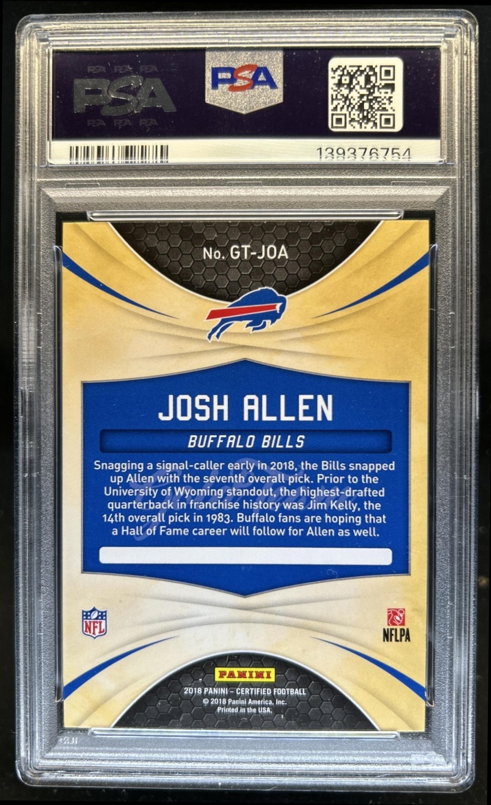2018 Panini Certified Josh Allen Gold Team Rookie RC #GT-JOA Bills PSA 10 view 2