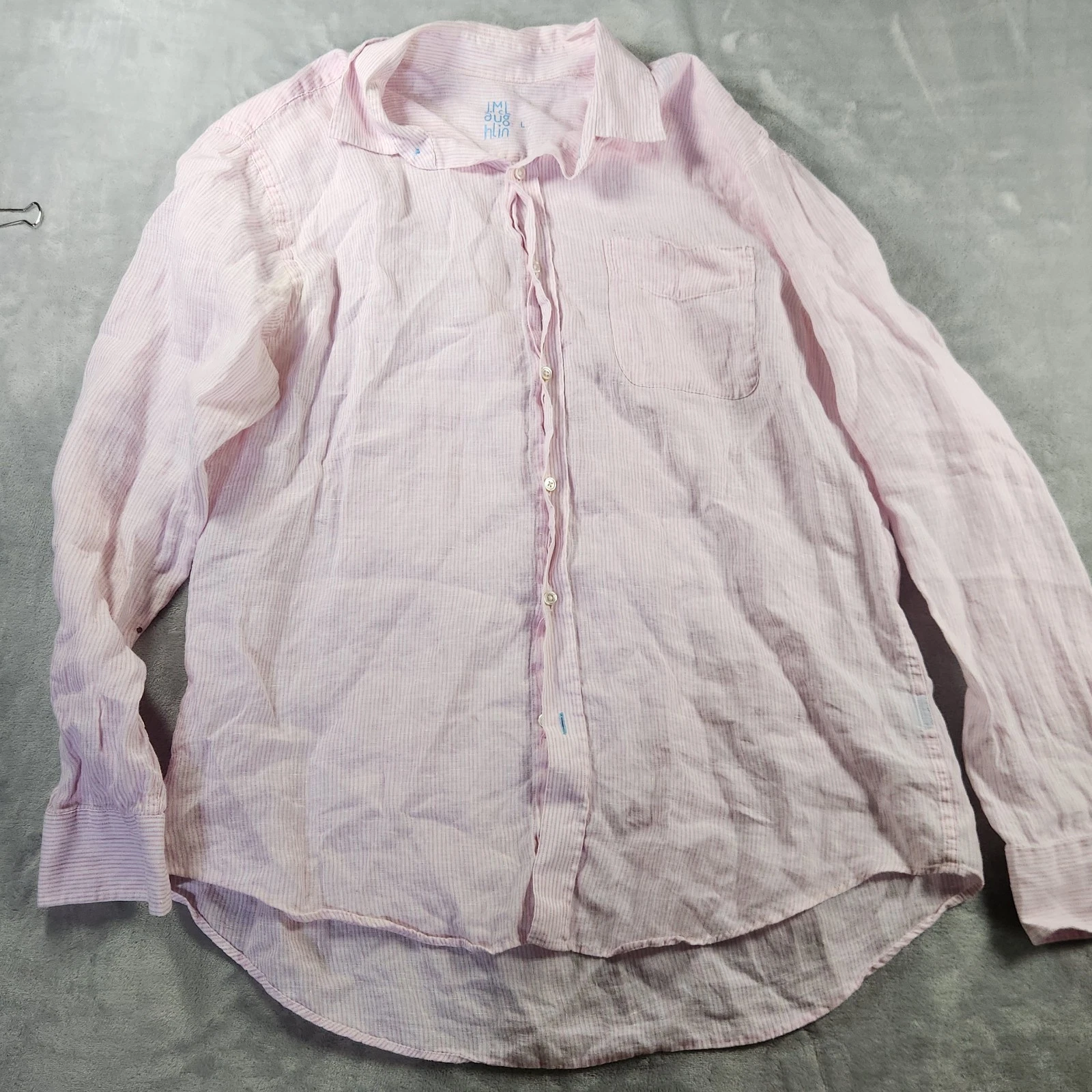 J. McLaughlin Mens L 100% Linen Pink Striped Long Sleeve Breezy Quiet Luxury