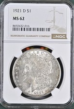 1921 D Morgan Silver Dollar $1 NGC MS62 MOR46
