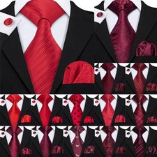 Red Mens Tie Hanky Cufflinks Set Burgundy Maroon Scarlet Carmine Rose Jacquard N