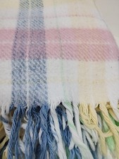 Vintage Acrylic Pastel Pink Blue Yellow Plaid Fringe Acrylic Baby Blanket 35x47