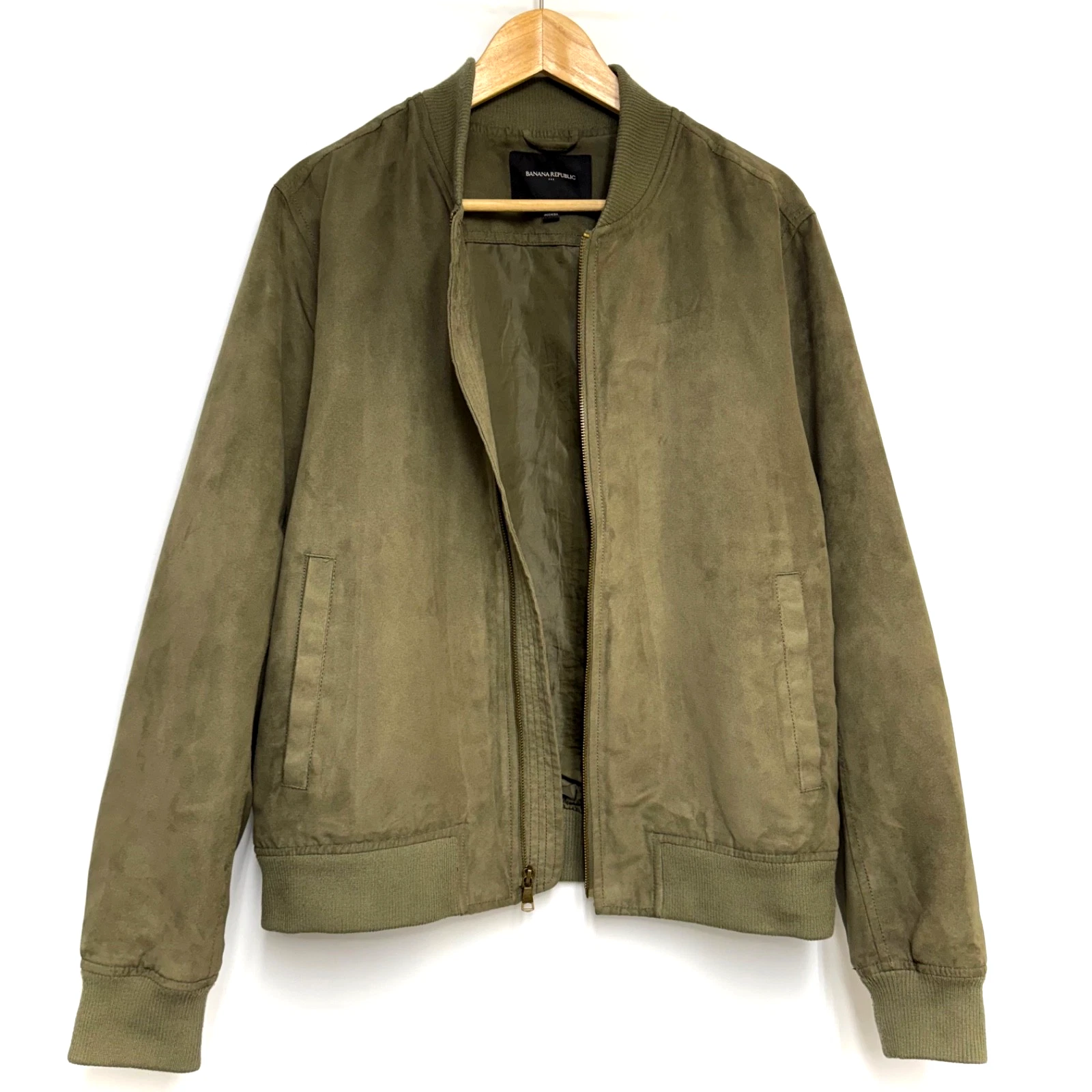 Banana Republic Men’s M Bomber Jacket Faux Vegan Suede Full Zip Pockets Green - product detail image 3