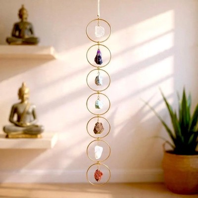 7 Chakra Crystal Hanging Raw Stone Wire Wrapped Handmade Home Decor 25'' H