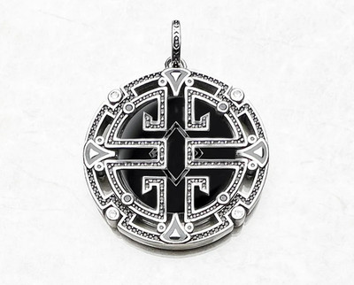 Mandala Maze Black Onyx Amulet CZ Pendant 925 Sterling Silver 1.5 inch Long