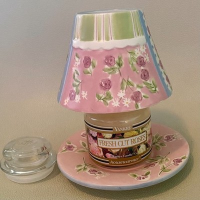 Yankee Candle 3.7oz Unused Fresh Cut Roses & Shabby Chic Roses Plate & Shade