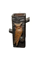 Handmade Wooden Hanging Bird Feeder With Carved Owl 7” Tall Brown Textured Wood