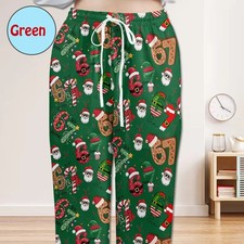 Christmas Pajama Pants, Green with Santa  Holiday Icons, Cozy Sleepwear