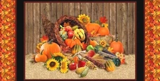 Elizabeth  Studios - Harvest Time Quilting Fabric Panel - Pumpkins And Sunflower