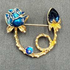 Gold Tone Blue Enamel Rose Brooch Pin Rhinestone Flower Floral Wedding Prom Gif
