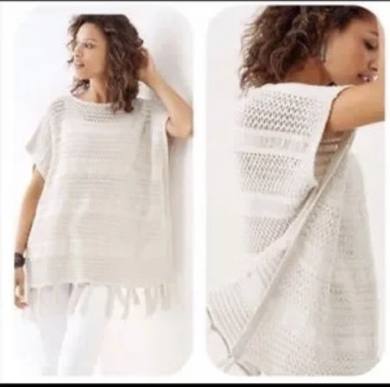 J. Jill Crochet Knit Fringe Poncho Beige Women’s Bohemian Plus Size 3X 4X