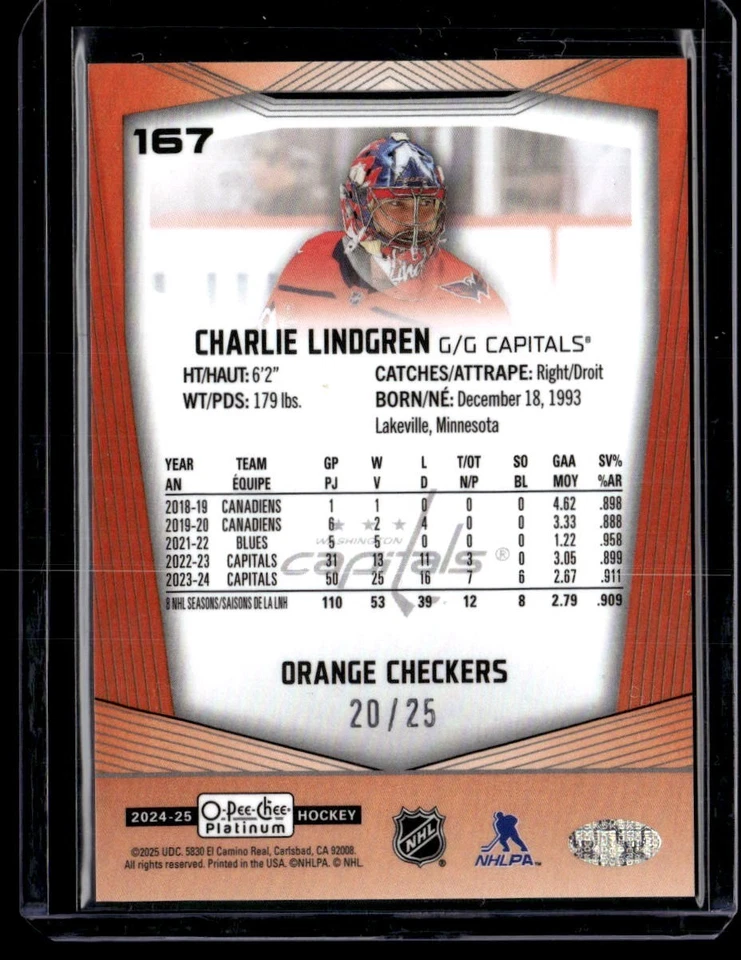 2024-25 O-Pee-Chee PLATINUM HOCKEY -ORANGE CHECKERS 20/25 Charlie Lindgren - Image 2 of 2