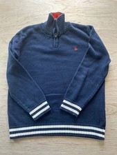 IZOD Boys Navy Blue Quarter Zip Knit Sweater with Orange Collar and Striped Cuff